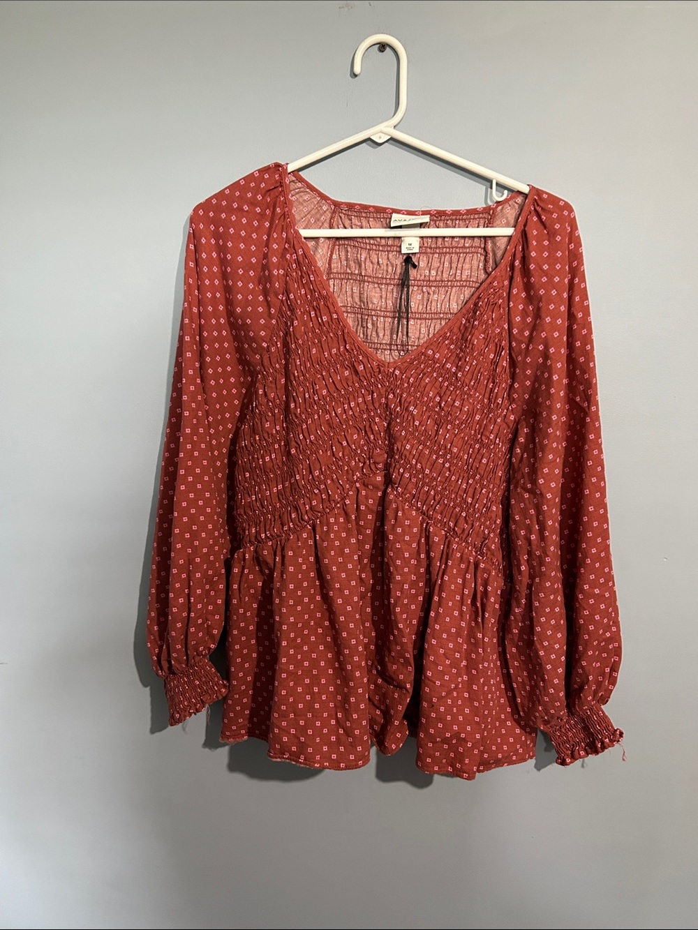 Ava & Viv Rust Red Smocked Peplum Long-Sleeve Tunic